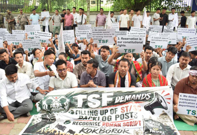 TSF organised a protest at Circuit House in Agartala on June 24 demanding Roman Script for Kokborok language and filling up all vacant posts for ST and SC.
