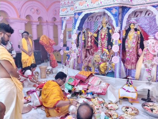 Priest performing Maha Saptami Puja at Durga Bari temple in Agartala on October 17.