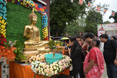 People offer prayers on the occasion of Buddha Purnima at Venuvan Buddha Vihara in Agartala on May 1.