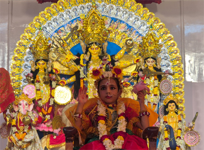 Virginity or complete purity of body is an object of worship for pious Hindus. That is why a virgin girl is always worshiped as part of Durga Puja rituals on the ‘ Maha Ashtami’ day on October 19 or second day of four-day ‘Durga Puja’. Here a virgin girl is seen being worshiped in Ramakrishna Mission at Dhaleshwar, Agartala. 