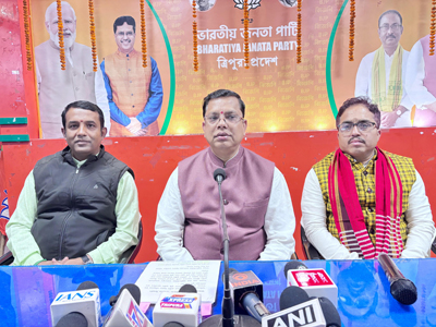 Minister Tinku Roy along with other BJP leaders addressed a press conference at BJP state headquarters in Agartala on January 16.