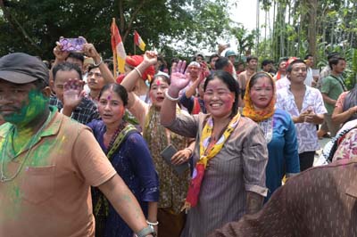 Tipra Motha supporters celebrate their massive victory outside a counting centre in in Teliamura SDM office in Khowai district on April 17.