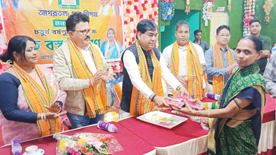 Mayor of Agartala Municipal Corporation (AMC) Dipak Majumder attends a winter garments distribution drive at AMC ward no 4 on February 10
