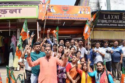 Bardowali Mandal leaders of BJP celebrates victory of BJP in West Bengal polls on May 4 in Agartala.