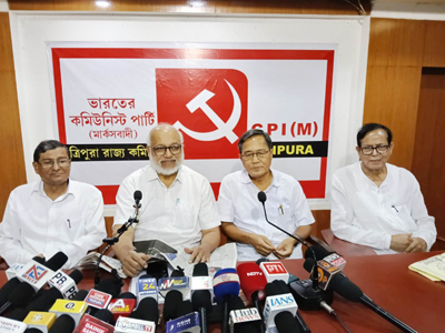 CPIM National General Secretary M.A. Baby, accompanied by state leaders, addresses a press conference in Agartala on June 19.