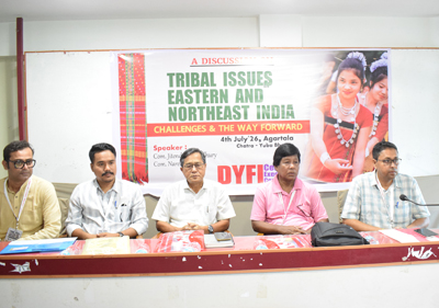 CPIM state Secretary and Leader of Opposition Jitendra Chaudhary attended a discussion session organised by DYFI on tribal issues in Agartala on July 4.
