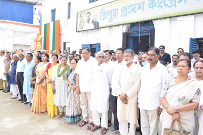 Tripura Pradesh Congress leaders pay rich tributes to former Prime Minister Rajiv Gandhi on his birth anniversary at Congress Bhavan in Agartala on August 20.