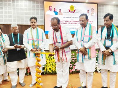 Chief Minister Dr Manik Saha, Deputy Chairman of Rajya Sabha and Governor N Indrasena Reddy attended a conference of elected representatives at Pragna Bhavan in Agartala on February 27 .