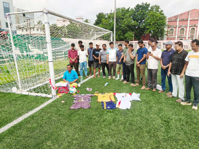 Kalyan Samiti club performs Bar Puja ahead of the football tournament at Umakanta stadium on August 2.