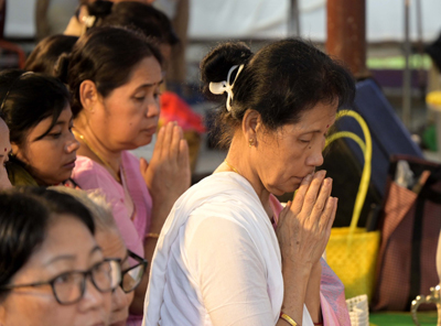 People offer prayers on the occasion of Buddha Purnima at Venuvan Buddha Vihara in Agartala on May 1.