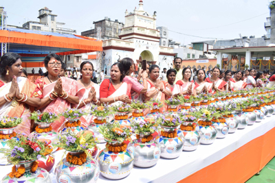 Devotees bring water fetches from different areas to participate in Somnath Swabhiman Parv at Shiva Bari temple in Agartala on May 11.