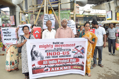SUCI affiliated farmers body AIKKMS stages protest at Agartala on July 22 in support of their demands.