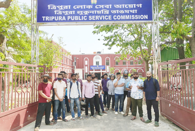 Tripura Engineering Service (TES) aspirants participate in a demonstration seeking additional preparation time and exam delay in front of TPSC in Agartala on April 10.