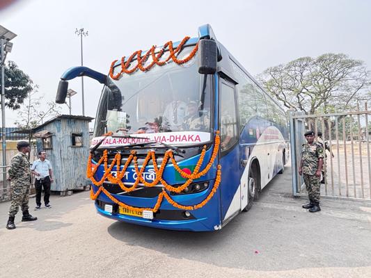 Transport Minister Sushanta Chowdhury welcomes passenger buses from Bangladesh in Agartala on February 24. 