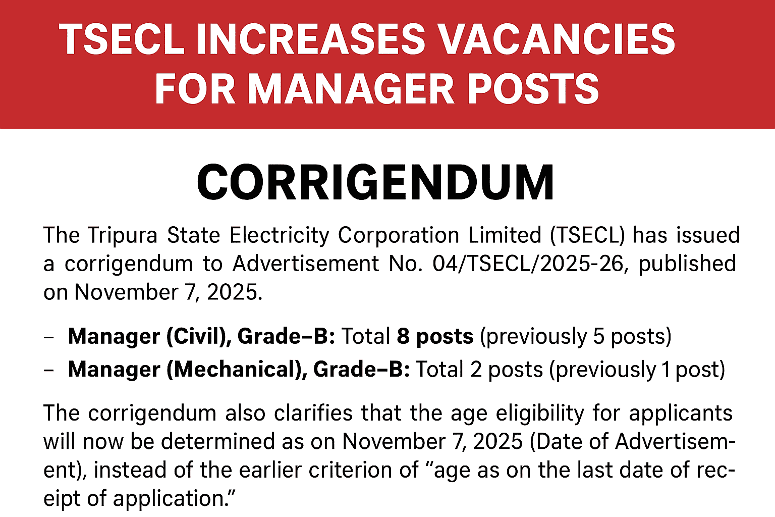TSECL Increases Vacancies for Manager Posts; Issues Corrigendum to Advertisement No. 04/TSECL/2025-26